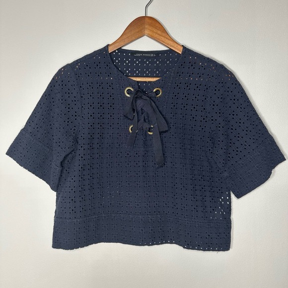 Zara Tops - Zara Women Blue Eyelet Hollow Out Crop Pullover Top Short Sleeve Size Large
